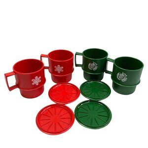 Vintage Tupperware Christmas Cups Lids Stacking Saucers Red Green Dove Snowflake